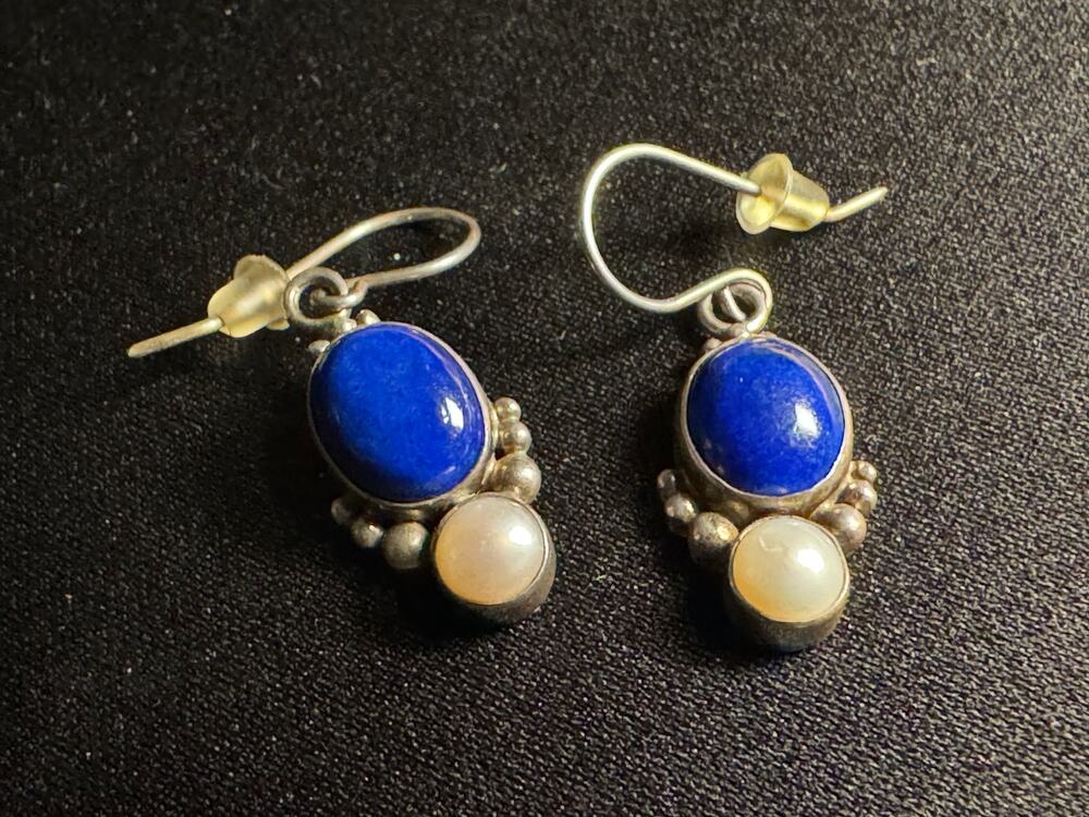 925 Sterling Silver Lapis & Pearl Dangle Earrings